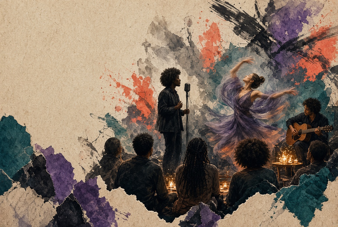 Mixed-media scene of poetry, dance, music and an attentive audience meeting in an intimate room