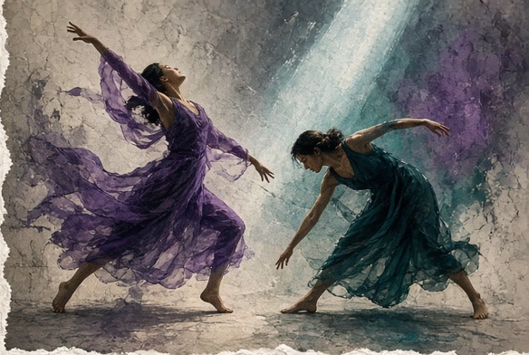 Dancer and percussionist surrounded by flowing rings of light