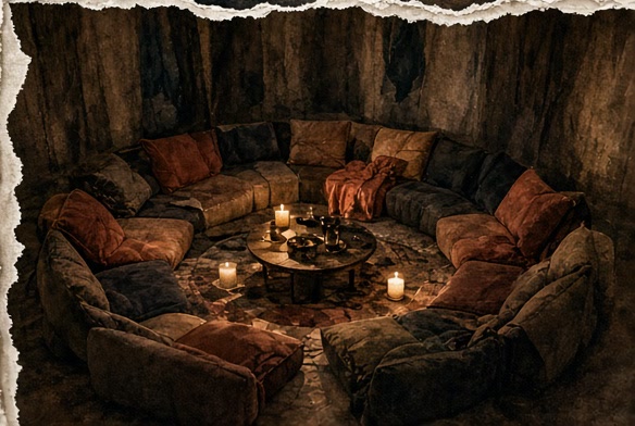 Artists and audience arranging an intimate temporary creative room