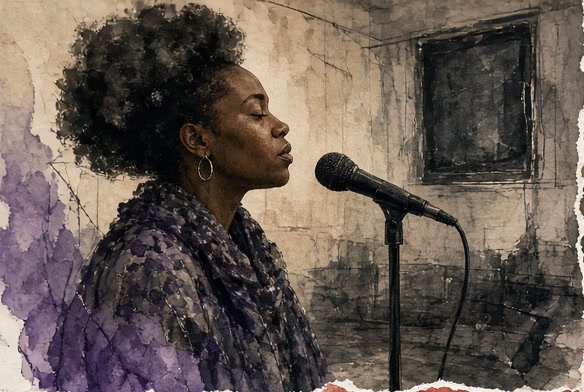 Spoken-word artist in a mixed-media performance room