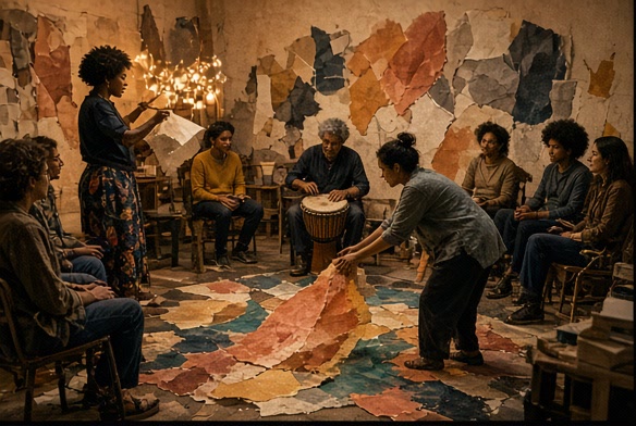 Artists and audience shaping an intimate multidisciplinary room with torn-paper light
