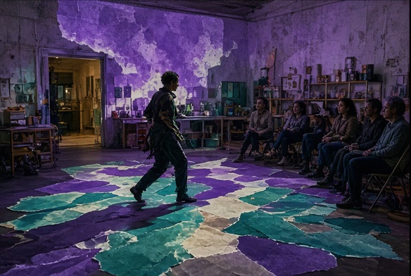 An ordinary community room transformed by projected color and movement