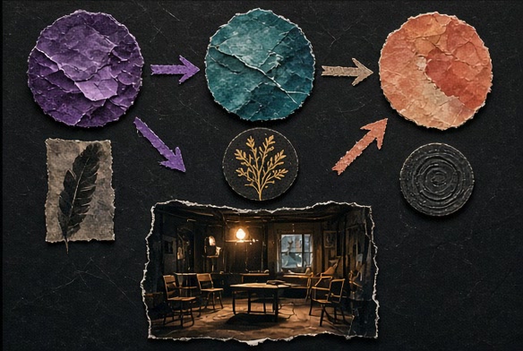 A tactile imaginary set card assembled from discipline tokens and colored paper
