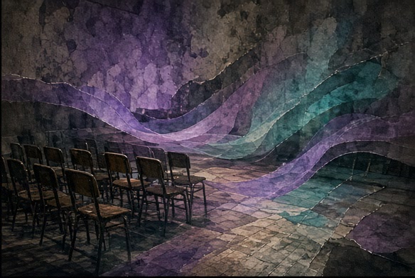 An empty performance room holding abstract afterimages of sound and motion