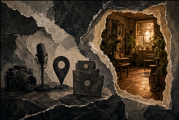 Abstract camera, microphone, location and storage shapes resting outside a closed paper threshold