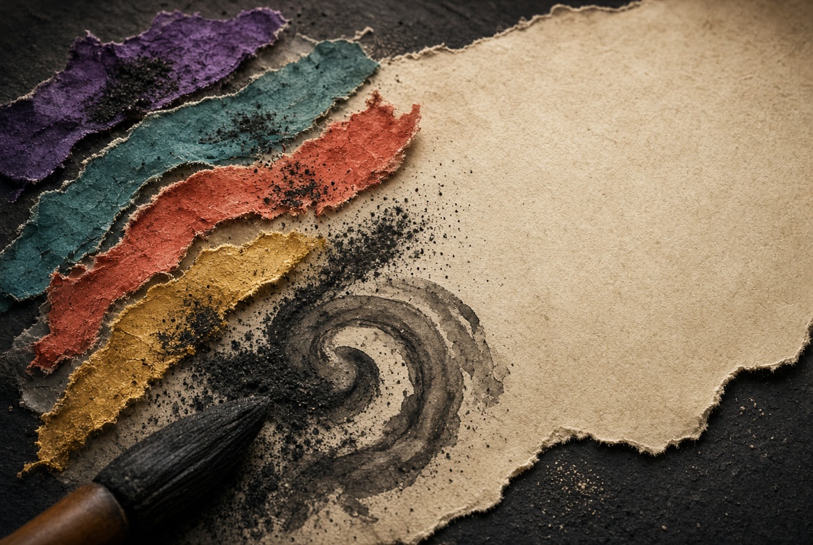 Torn-paper traces being gently cleared from a dark creative tabletop
