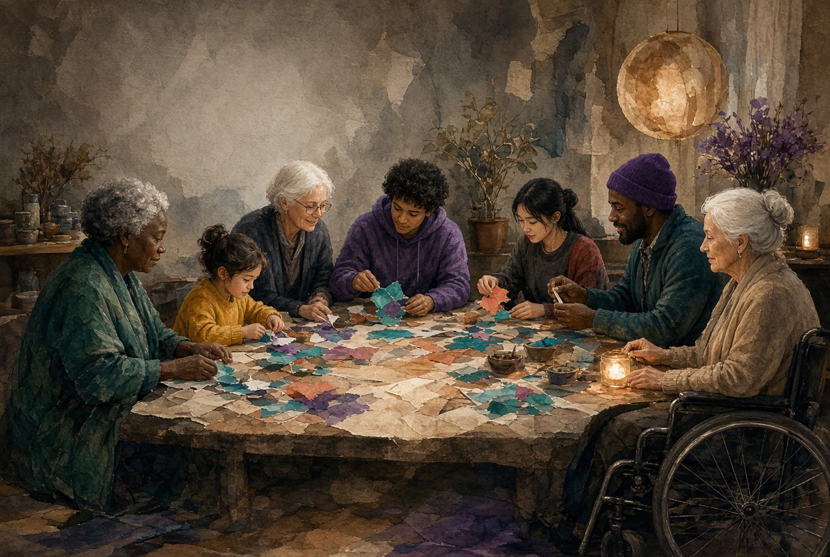 A varied group sharing an accessible creative table with open space and warm paper light